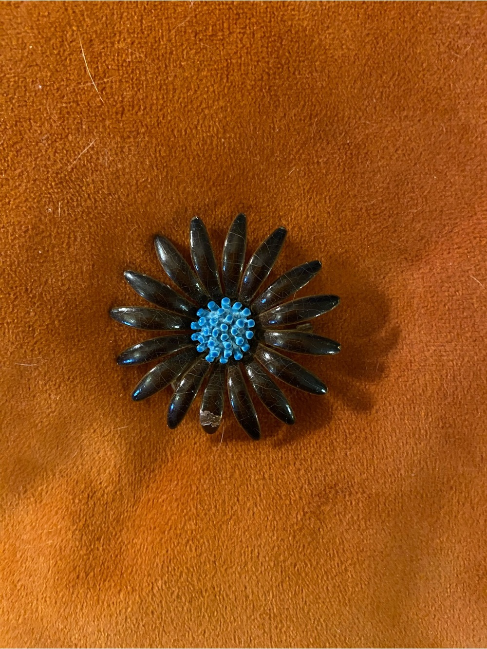 Vintage Black Petal Brooch with Blue Center